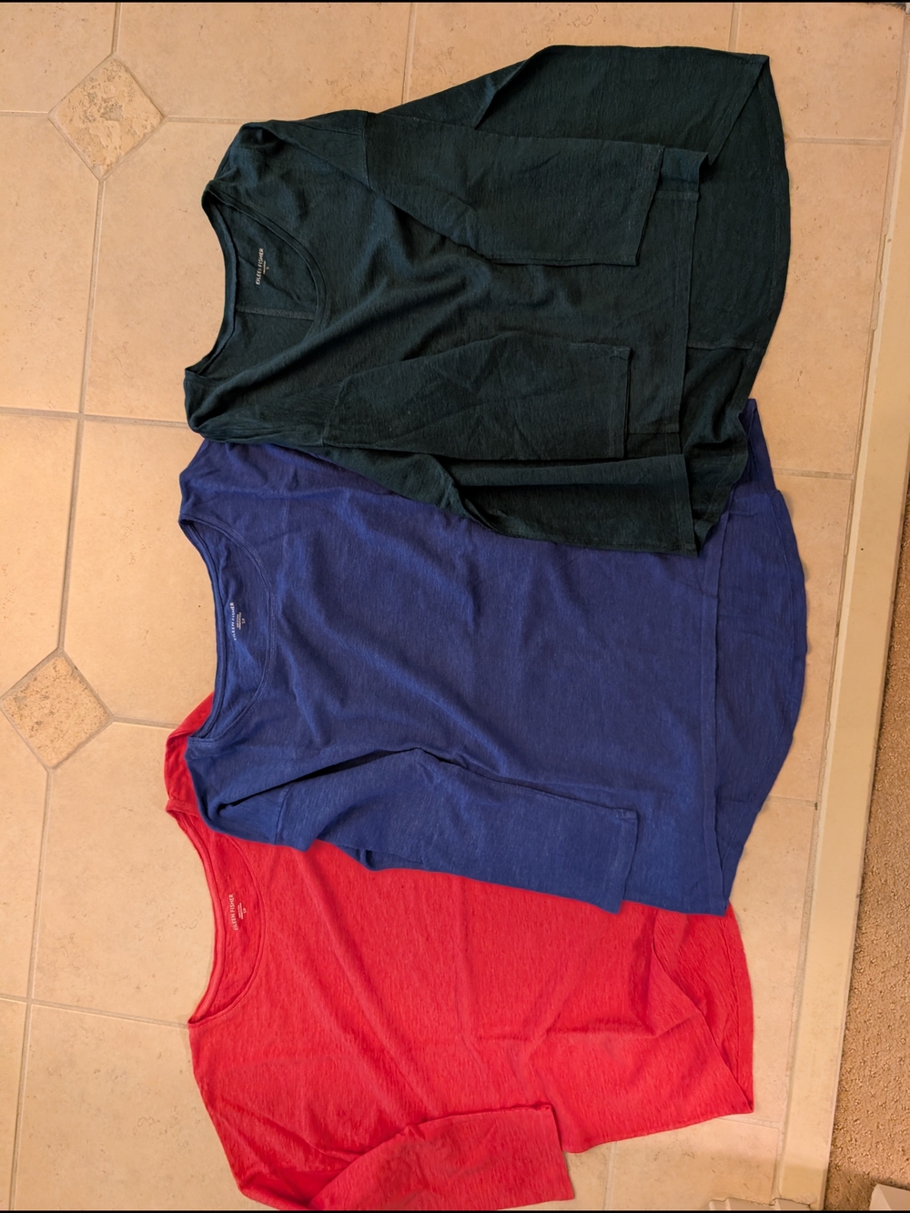 Eileen Fisher Lightweight Crewneck Tops — Dark Green, Royal Blue & Bright Red
